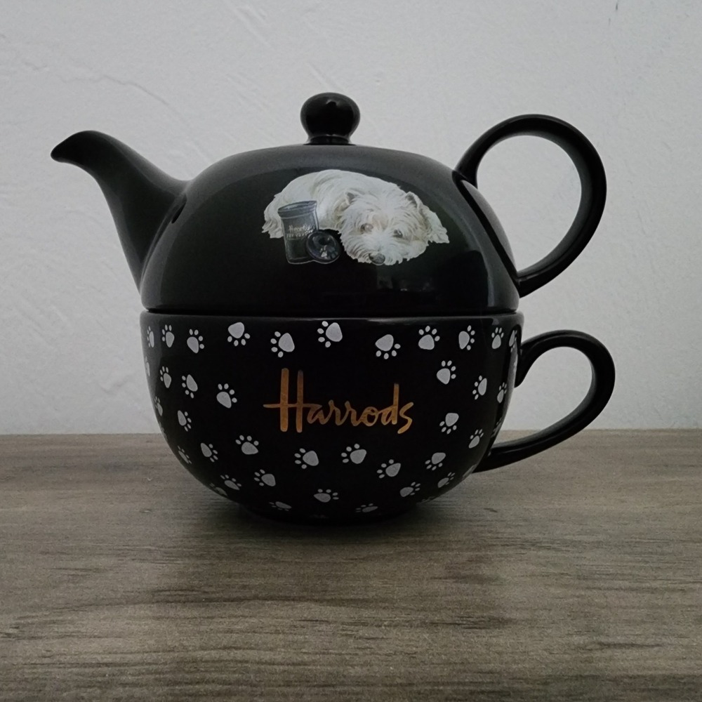 Harrods Knightsbridge London Westie Dog Stacking Tea For One Teapot Cup Set